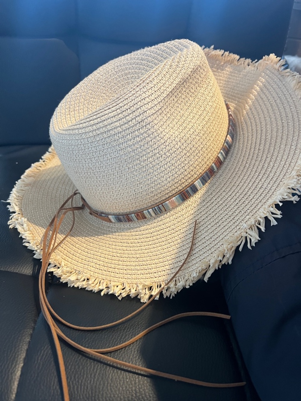 Straw Wide-Brim Sun Hat with Fringe and Beaded Band - Beige